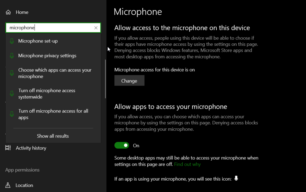 microphone privacy settings