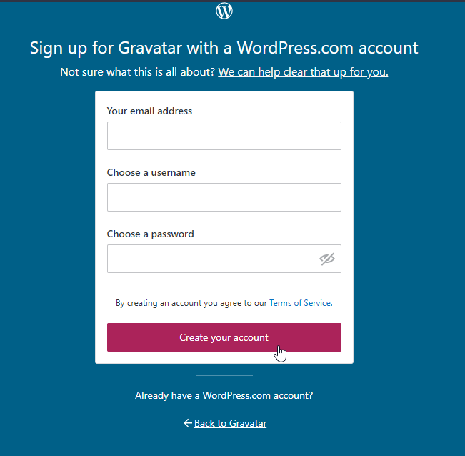 Gravatar sign up form