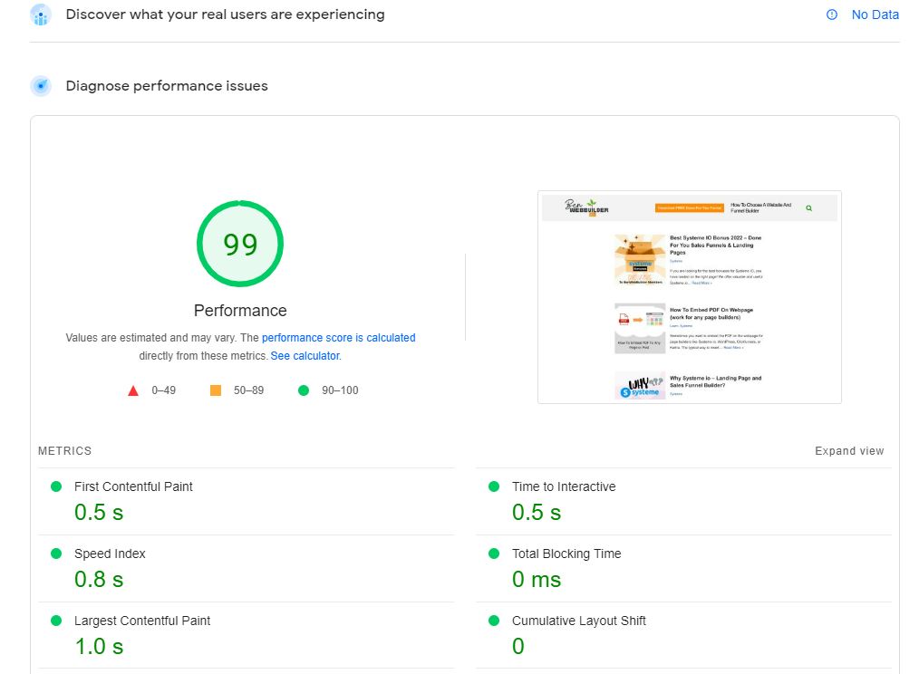 BWB speed test with PageSpeed Insights