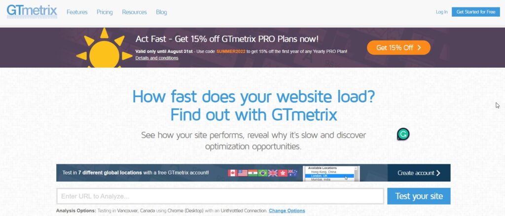 GTMetrix speed test